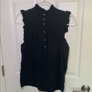 J Crew black sleeveless gauzy cotton top with ruffles and buttons